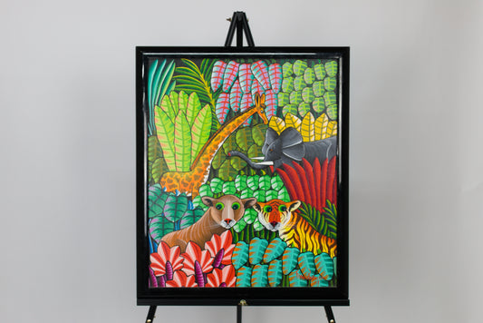 Colorful artwork of animals in a jungle scene on an easel against a gray background