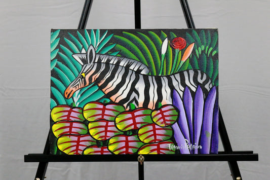 Painting by Francis Paraison of a Zebra in Haitian Folk style