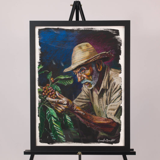 Painting of a farmer holding coffee beans on an easel against a plain background