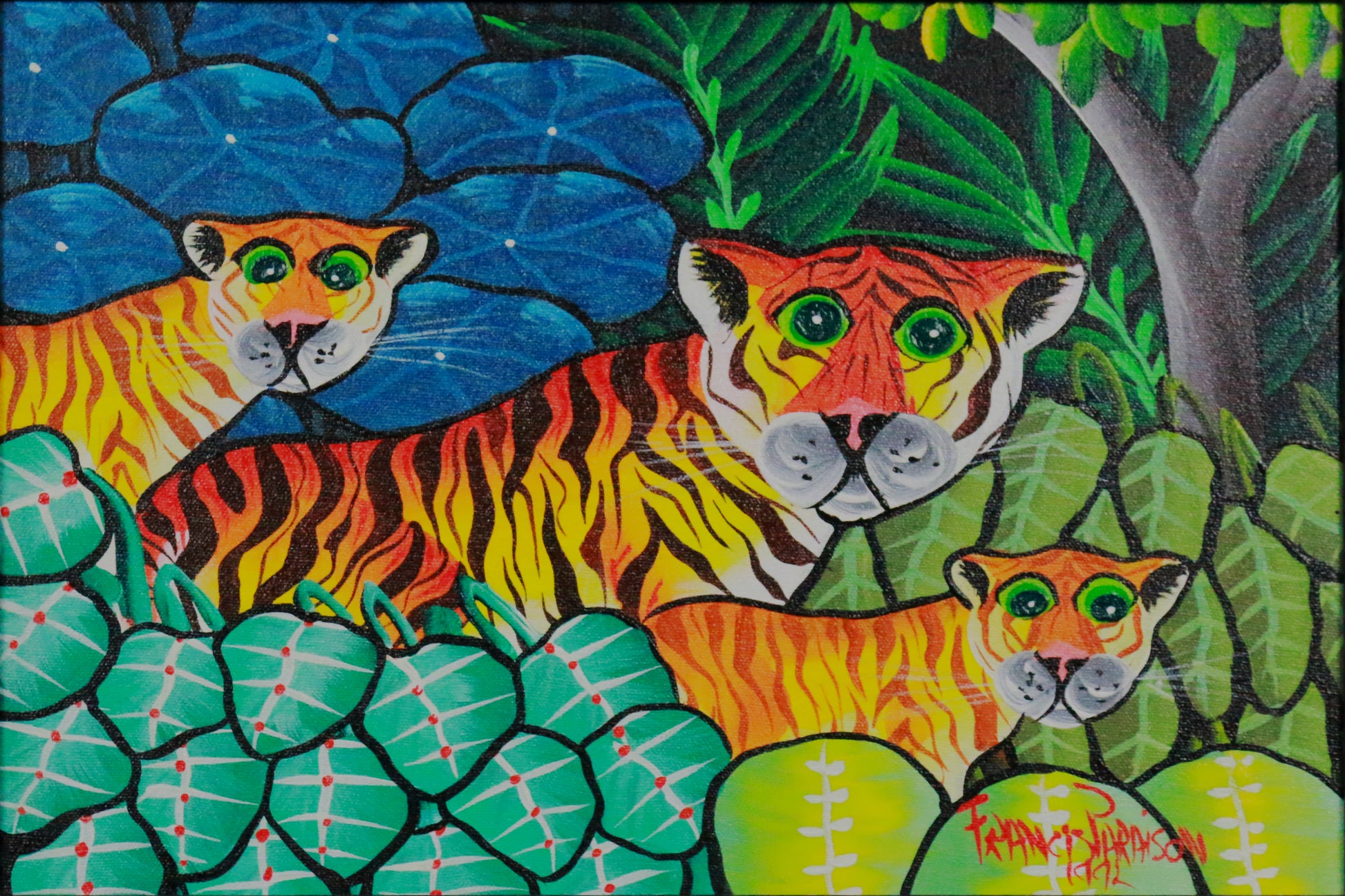 Painting by Francis Paraison of 3 Tigers in a jungle in Haitian Folk style
