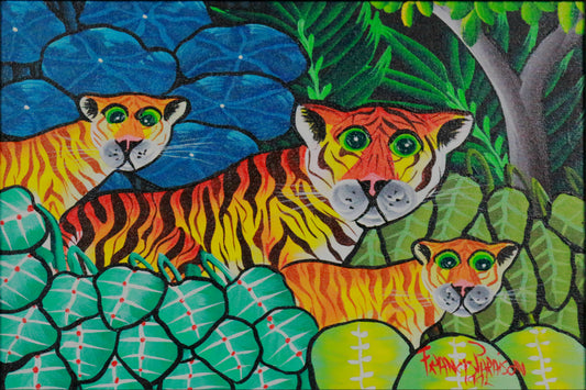 Painting by Francis Paraison of 3 Tigers in a jungle in Haitian Folk style