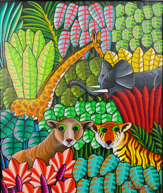 Colorful painting of animals in a jungle setting with a panther, tiger, and elephant.