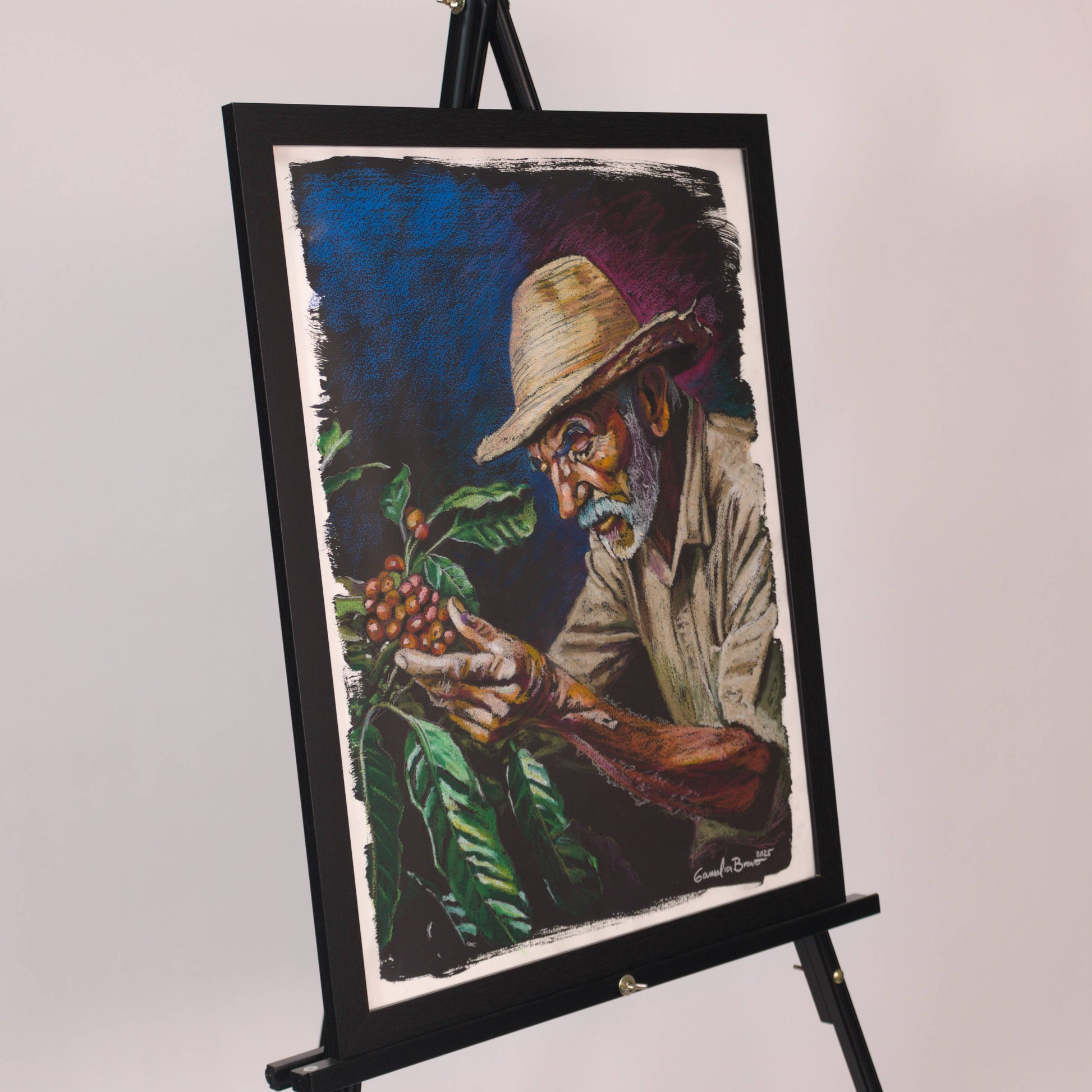 sketch of farmer holding coffee beans 