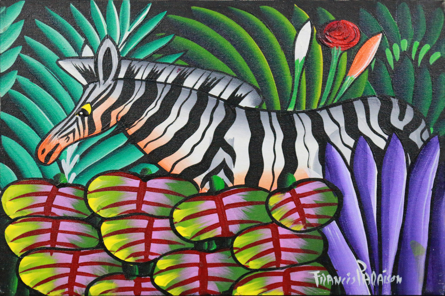 Painting by Francis Paraison of a Zebra in Haitian Folk style
